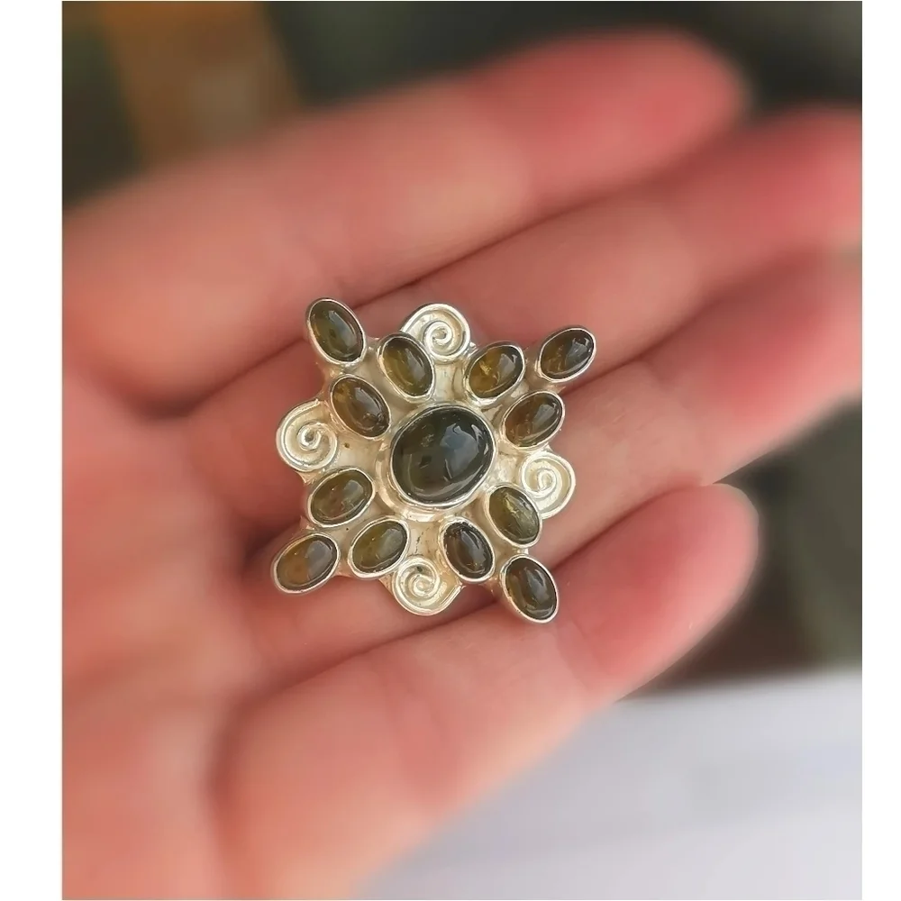 HANDMADE brooch sterling silver cabochon tourmaline